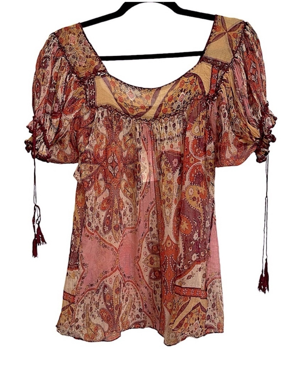 Ice Silk Boho Print Crochet Tassel Peasant Blouse Festival Cottagecore Top Sz S - Picture 3 of 12